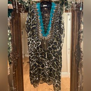 Leopard Print Kaftan with Blue Accents CAMILLA swim kaftan silk